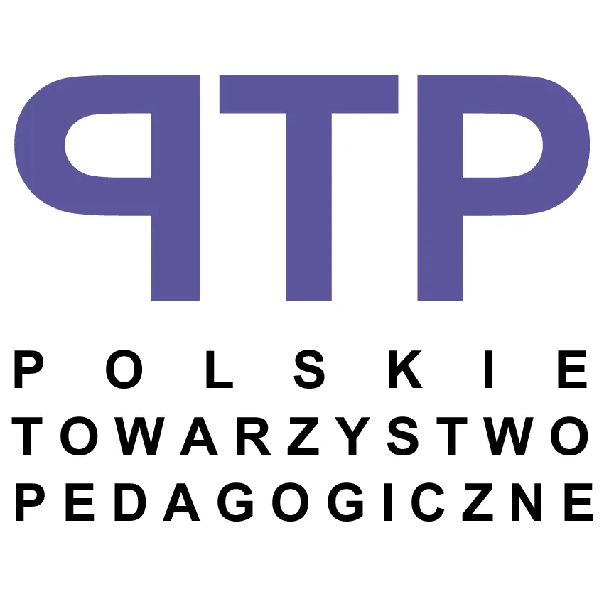 Logo Polskiego Towarzystwa Pedagogicznego – fioletowy skrót PTP nad pełną nazwą stowarzyszenia, na białym tle.