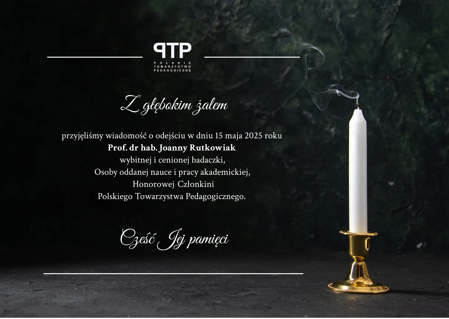 Nekrolog Prof. dr hab. Joanny Rutkowiak z datą odejścia, logo PTP i zgaszoną świecą na ciemnym tle.